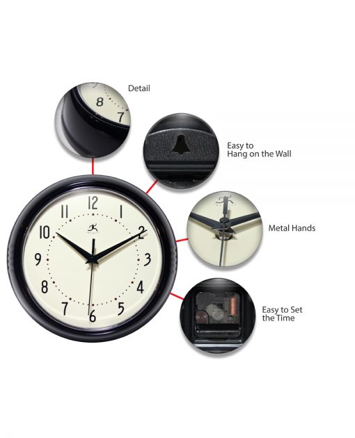 retro black wall clock 9 inch features