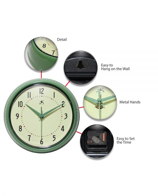features of retro green diner wall clock 9 inch kitchen