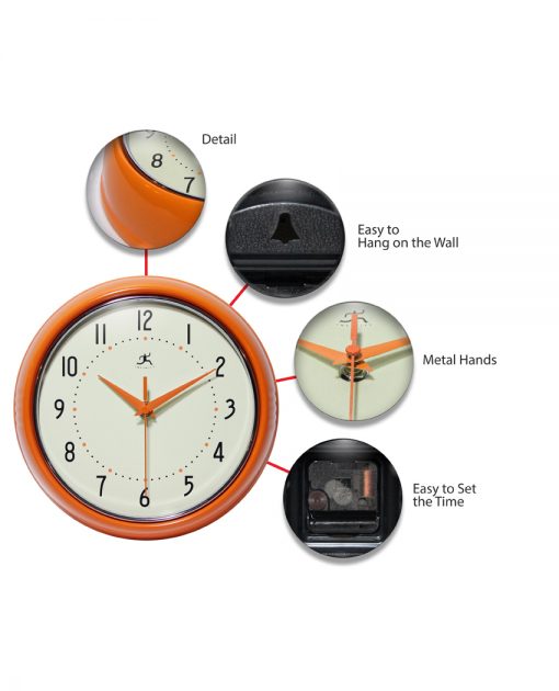 features of retro orange aluminum wall clock 9 inch