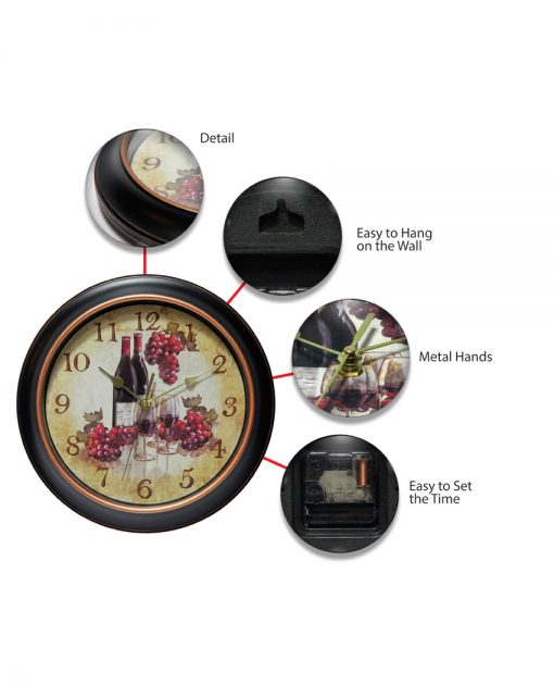 features of pinot wine wall clock 12 inch