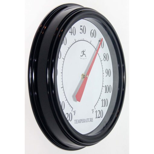 right side view of black 12 inch wall thermometer
