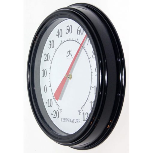 left side view of black 12 inch wall thermometer