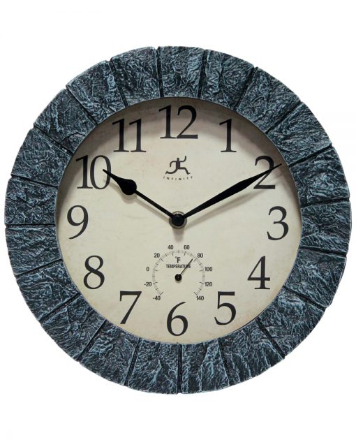 front of stone wall clock indoor outdoor temperature thermometer