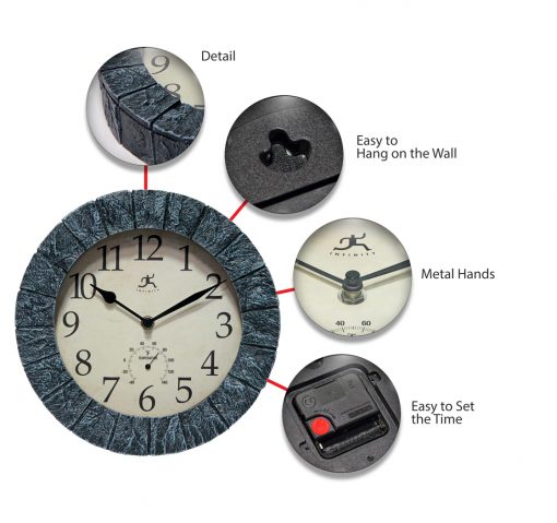 stone look indoor outdoor wall thermometer clock temperature time small