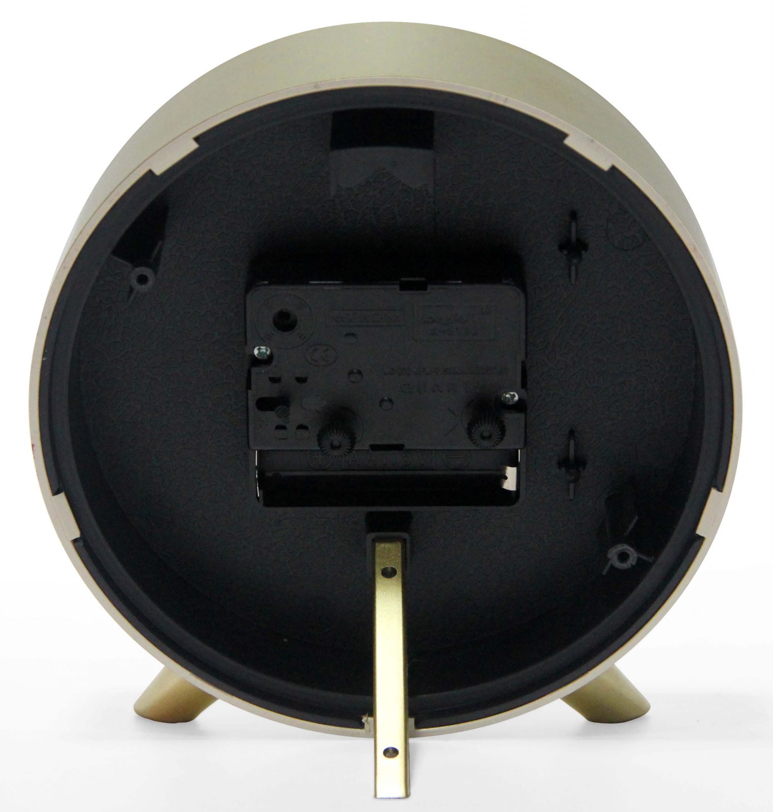 5.75 in round tabletop alarm clock, gold finish case, glass lens, built