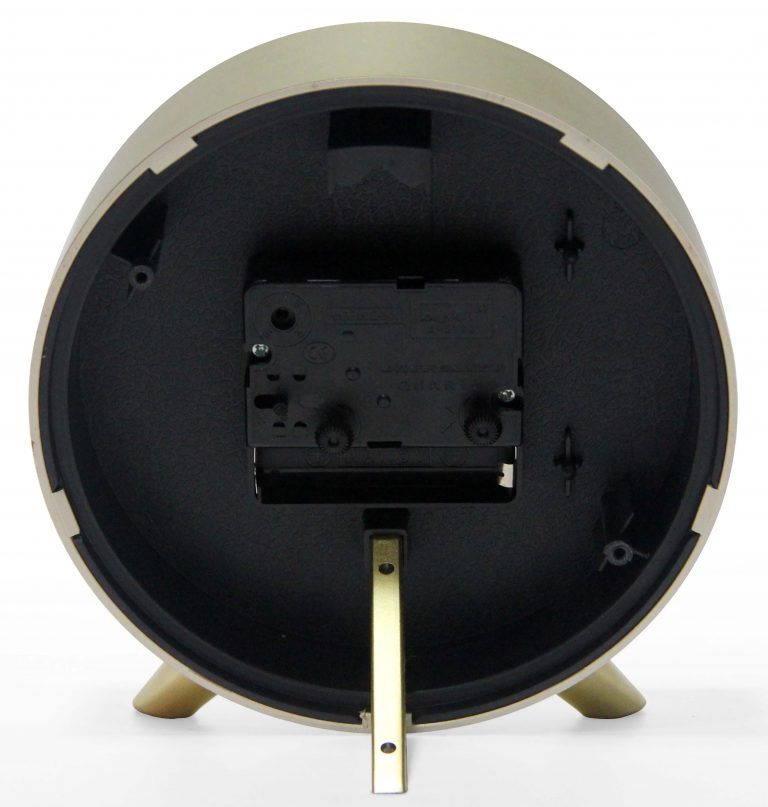 5.75 in round tabletop alarm clock, gold finish case, glass lens, built