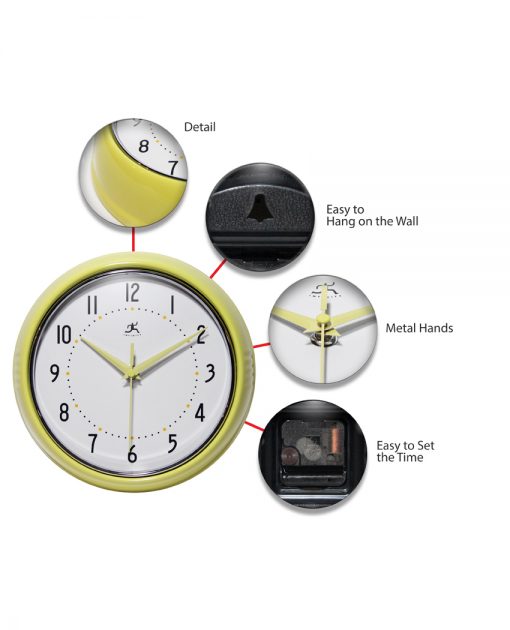 features of yellow retro wall clock 9 inch