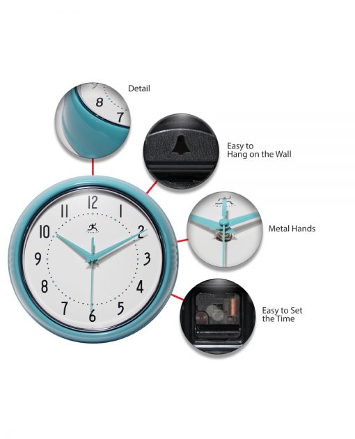 features of retro turquoise wall clock 9 inch