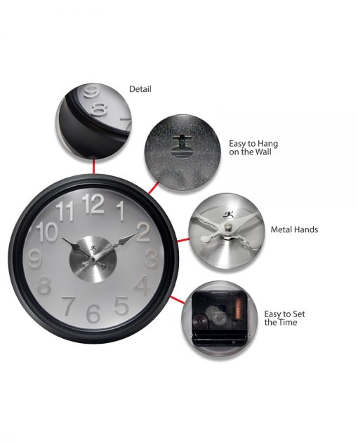 features of onyx black wall clock modern office 15 inch