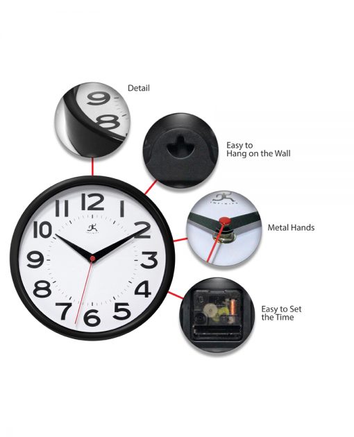 features of black metro wall clock 9 inch small basic