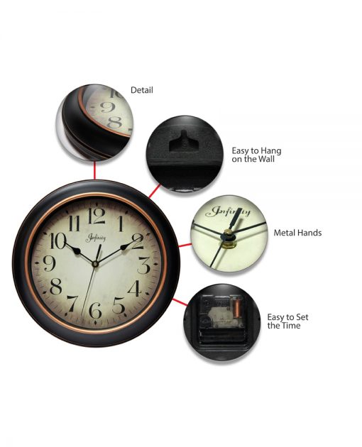 features of precedent black wall clock 12 inch