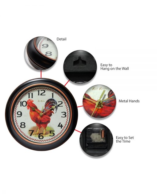 features of red rooster black wall clock 12 inch