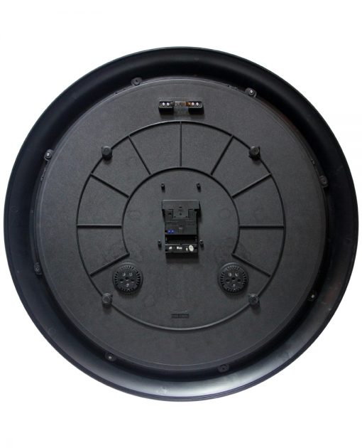 back of definitive indoor outdoor black clock with thermometer
