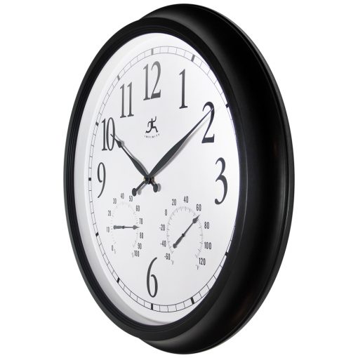 from left side definitive black indoor outdoor black wall clock thermometer humidity temperature hygrometer clock time 24 inch large