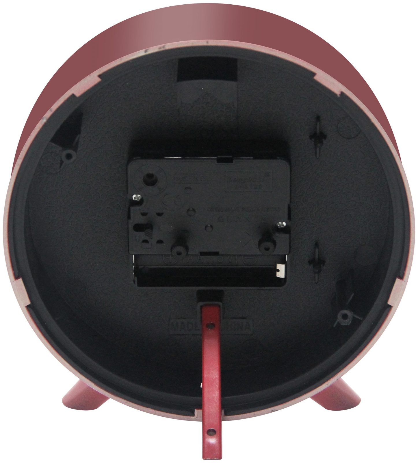 5.75 in round tabletop alarm clock, red finish case, glass lens, built ...